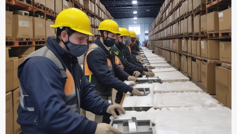 A spacious industrial facility with high ceilings and extensive use of metal and industrial materials. The interior is well-lit, featuring clean, organized rows of machinery and equipment. A single person is walking in the distance, emphasizing the scale of the space. The environment appears to be a manufacturing or industrial warehouse with marked walkways and large doors.
