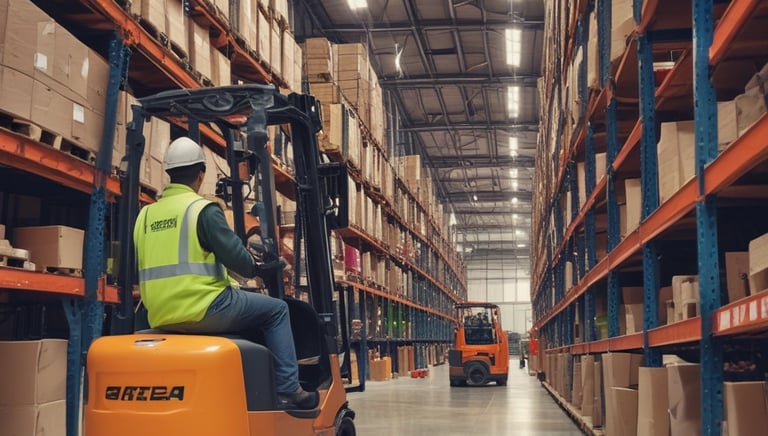 A spacious industrial facility with high ceilings and extensive use of metal and industrial materials. The interior is well-lit, featuring clean, organized rows of machinery and equipment. A single person is walking in the distance, emphasizing the scale of the space. The environment appears to be a manufacturing or industrial warehouse with marked walkways and large doors.