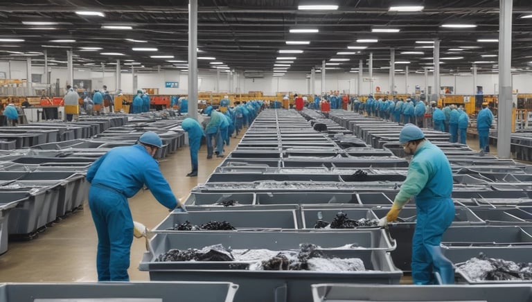 A spacious industrial facility with high ceilings and extensive use of metal and industrial materials. The interior is well-lit, featuring clean, organized rows of machinery and equipment. A single person is walking in the distance, emphasizing the scale of the space. The environment appears to be a manufacturing or industrial warehouse with marked walkways and large doors.