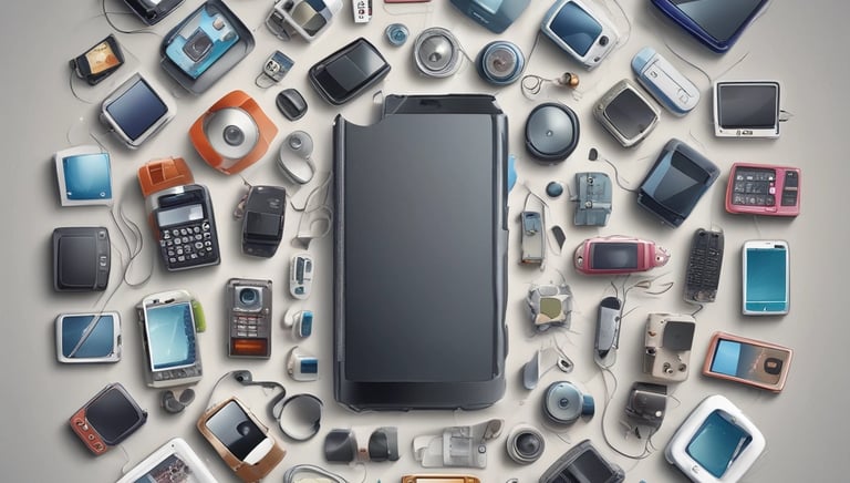 A hand holds a round, black electronic device with a logo. A blurred background of green leaves creates an outdoor atmosphere. A smartphone lies on a wooden table, and an open laptop is partly visible.