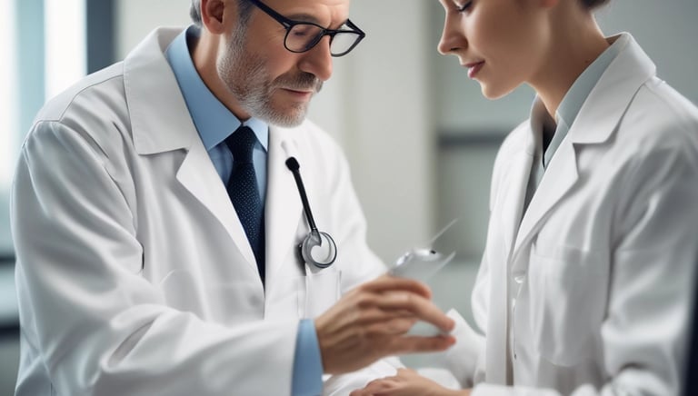 A man is receiving a medical check-up or test from a female healthcare professional who is sitting at a table outside. The man is smiling and wearing a yellow t-shirt, while the professional is dressed in a white coat. There are several people standing around, likely part of an event or fair. Medical supplies and informational materials are scattered on the table.