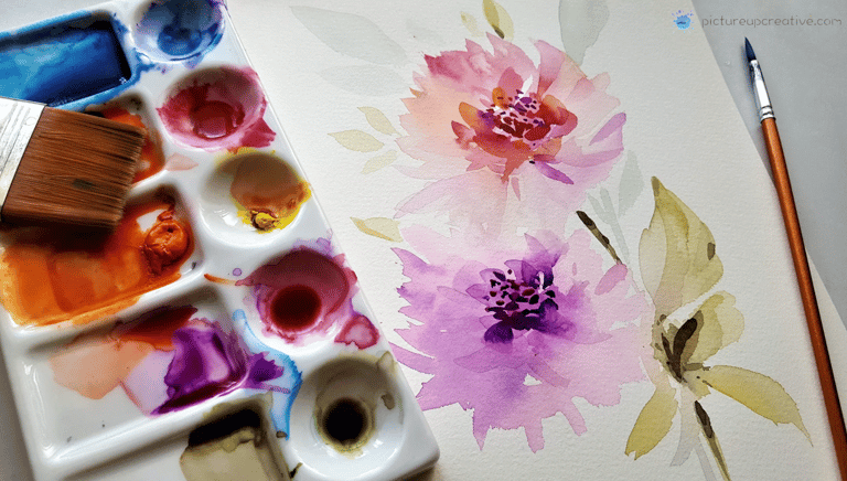 watercolour flower loose painting with mixing tray