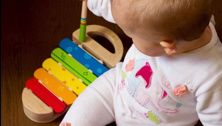 Infant playing with musical instrument 