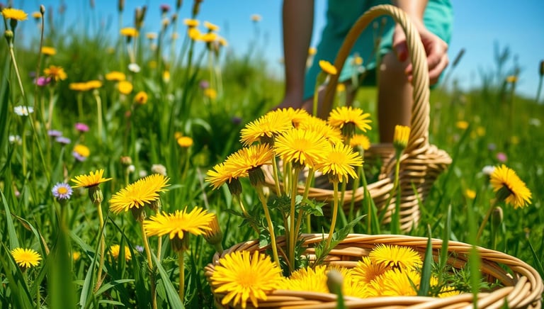 A person foraging dandelions in a sunlit meadow, surrounded by lush green grass and blooming wildflo
