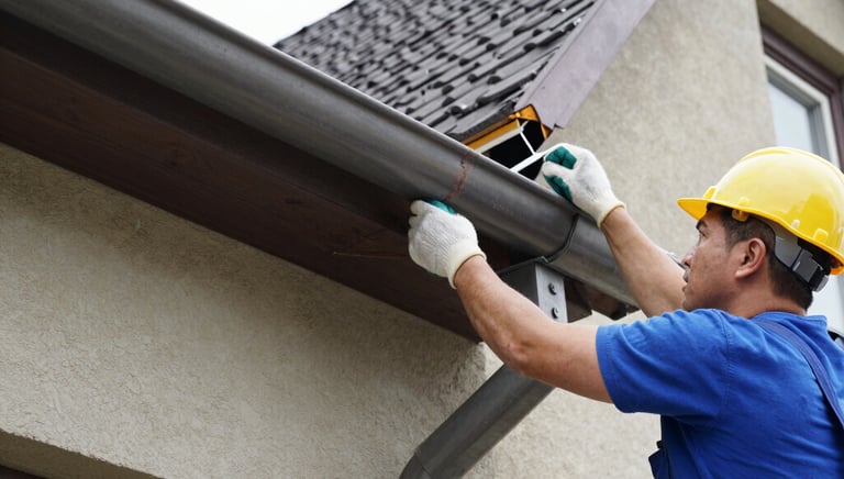 Close-up of clean gutters with water flowing smoothly, surrounded by green leaves.