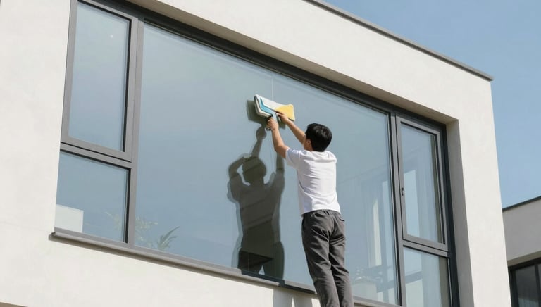 Bright, clean windows reflecting a sunny sky with a gentle hand wiping a pane.