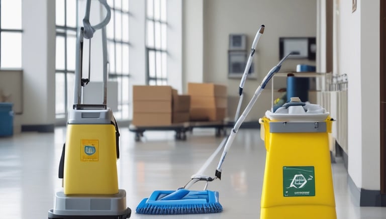 A professional cleaner organizing supplies in a well-maintained office space.