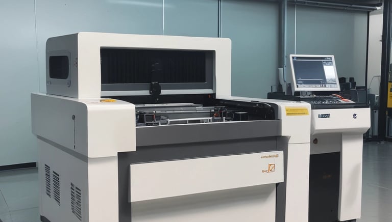 Two women are engaged in a laboratory setting. They are working on an electronic project involving a circuit board and a small device placed on the table. The workspace is equipped with modern technology, and there is a laptop in use, likely for coding or data analysis. The background features blue walls with scientific patterns and equipment.