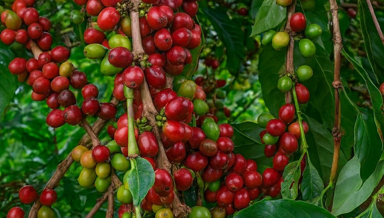 Arabica coffee tree in the Gayo Highlands, Indonesia, with ripe green and red cherries.