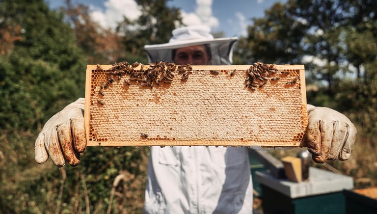 Imker Simon Tötschinger mit eine Honigwabe und darauf sitzenden Bienen