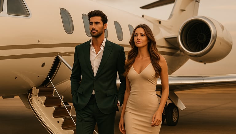 Coppia elegante davanti a un jet privato: stile, amore e libertà di volare insieme