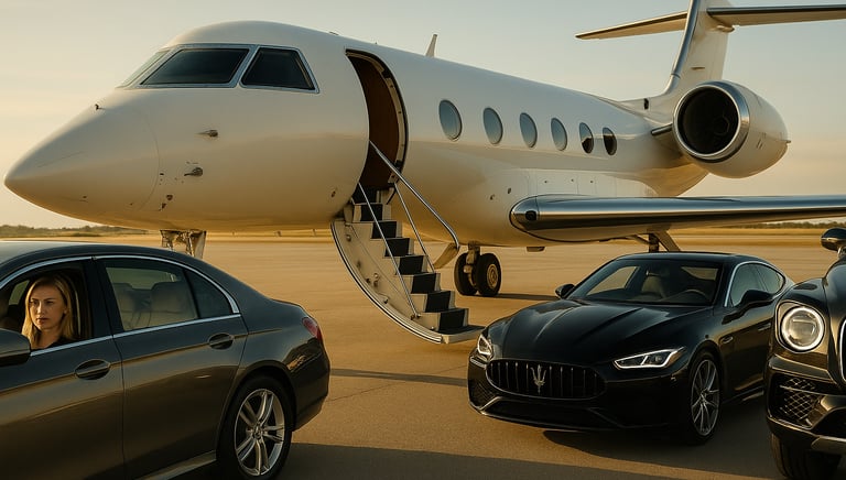 Jet privato con auto di lusso sulla pista: eleganza e performance in ogni dettaglio.