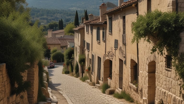 A blue cylindrical outdoor rubbish bin with a yellow label is situated on a paved sidewalk. It's positioned against a building featuring a section of red and white painted panels.