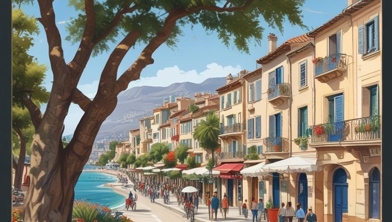 A blue cylindrical outdoor rubbish bin with a yellow label is situated on a paved sidewalk. It's positioned against a building featuring a section of red and white painted panels.