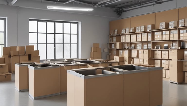 A blue cylindrical outdoor rubbish bin with a yellow label is situated on a paved sidewalk. It's positioned against a building featuring a section of red and white painted panels.