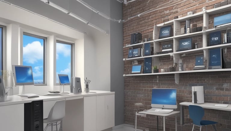 A room with a tiled ceiling and fluorescent lighting contains various electronic and office equipment. On the left, there's a wooden desk with a black server cabinet next to it. In the center of the room, a rack of network cables is visible, organized into a larger unit. To the right, a filing cabinet is mounted on the wall, with a printer/copier machine near the foreground. The walls are plain and the floor is covered in white tiles.