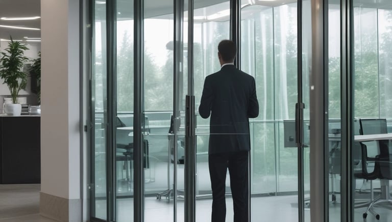 Several glass revolving doors are arranged in a row along the exterior of a building. The doors are framed by metal and are designed to allow entry and exit. The structure of the building is also visible with large windows and a covered walkway leading up to the doors.