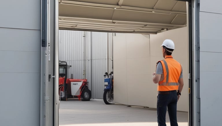 Several glass revolving doors are arranged in a row along the exterior of a building. The doors are framed by metal and are designed to allow entry and exit. The structure of the building is also visible with large windows and a covered walkway leading up to the doors.