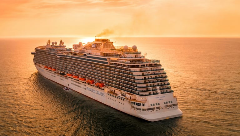 Cruise ship sailing at sunset