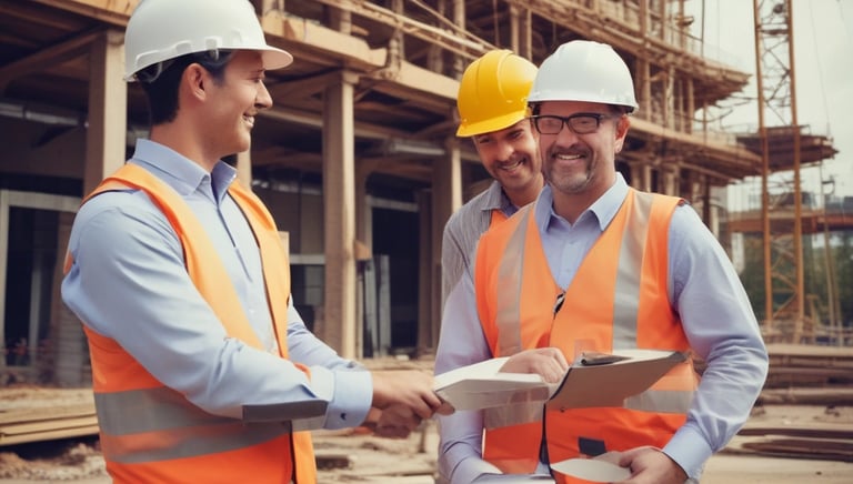 A detailed construction scene involving a complex arrangement of metal scaffolding and ladders under a clear sky. The scaffolding is marked with branding and there are several vertical and horizontal support structures. A wooden beam and some construction materials are visible, with sunlight creating shadows across the scene.