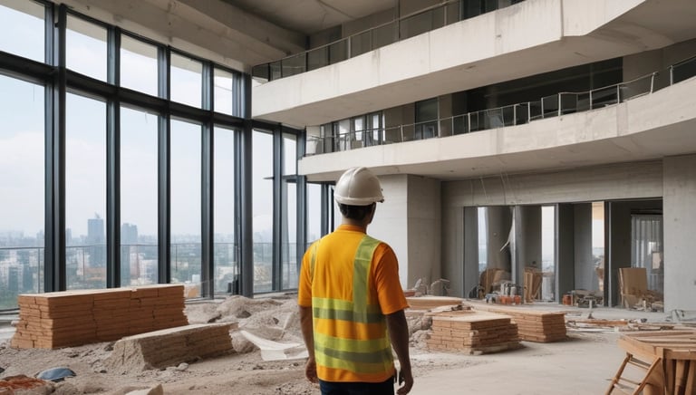 The image depicts a construction site with workers building a small structure made of concrete blocks. There are wooden scaffolding and support beams in place, and the site is surrounded by palm trees, conveying a tropical setting. Construction materials such as blue tarpaulin and concrete blocks are scattered around the area.
