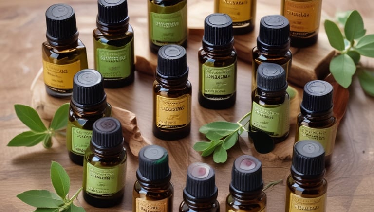 A collection of herbal remedies and essential oils arranged on a wooden table with autumn leaves.