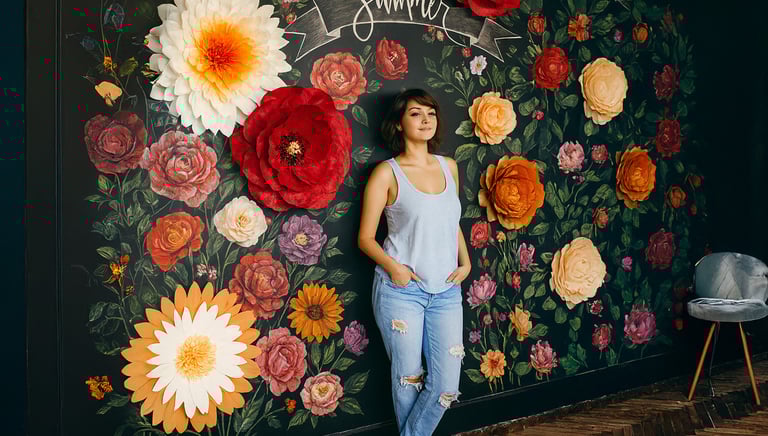 In the image, a young woman is standing against a dark wall decorated with a colorful floral mural. The mural features many l