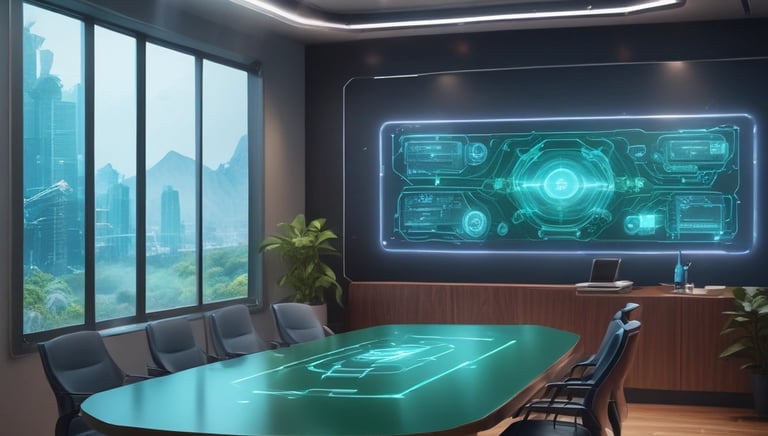 A professional consultant discussing AI strategies with a team in a modern office setting.