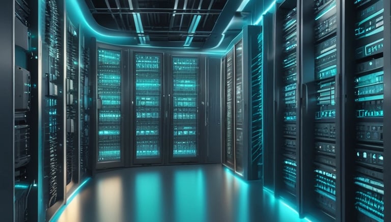 A secure server room with advanced technology and data protection measures in place.