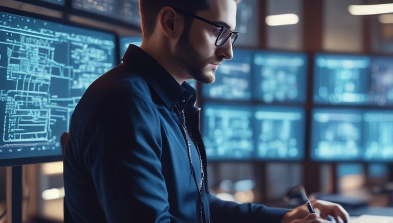 A professional consultant discussing AI strategies with a team in a modern office setting.