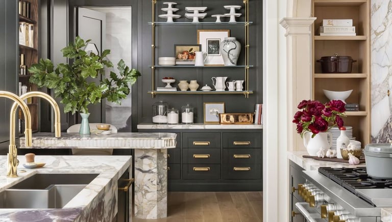 a kitchen with a marble counter top and a marble counter top