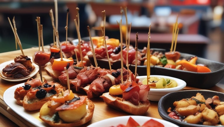 Three gourmet burgers are arranged on a wooden board. The buns are sprinkled with sesame seeds and have skewers topped with grilled meat and a pickled onion. The burgers are filled with beef patties, fresh arugula, tomato slices, and a dollop of creamy cheese.