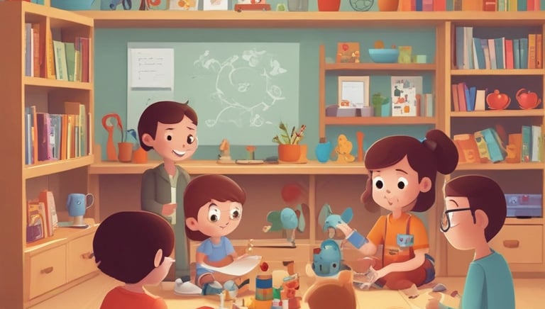 A classroom setting with children sitting at desks and an adult woman standing and interacting with them. The classroom has posters and decorations on the walls, including an alphabet and numbers chart, and a chalkboard with instructions. The woman is holding some items in her hands and seems to be engaging with the children, who are looking at her attentively.