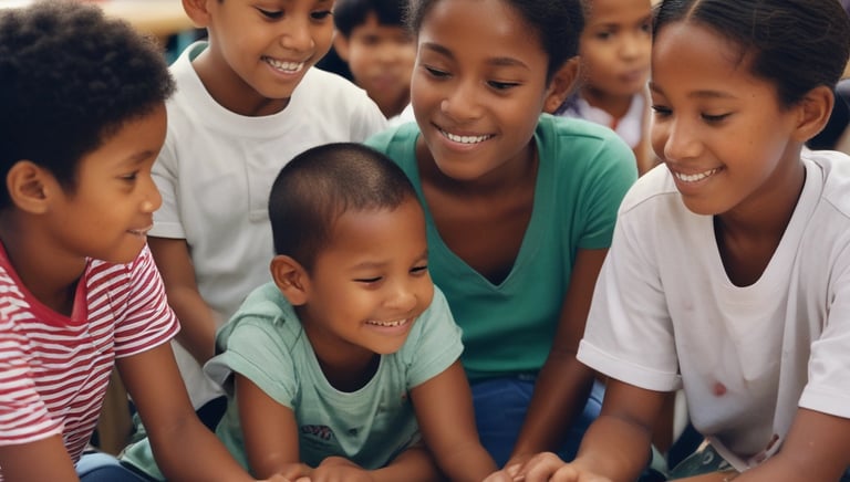 A white Land Cruiser with the World Vision logo is parked on a dirt road. A red motorcycle is nearby, with tropical trees and a simple building in the background, suggesting a rural setting.