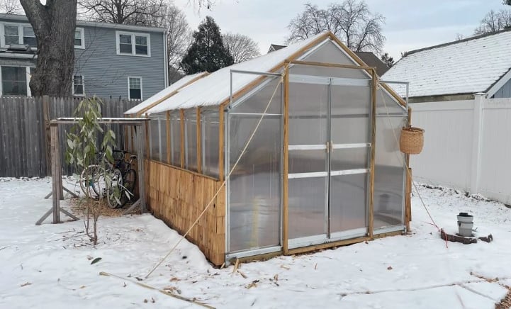 A wooden backyard greenhouse with polycarbonate panels sitting in a snowy residential garden.