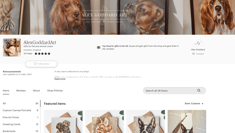 An image showing Alex Goddard's Etsy shop showing greeting cards for sale.
