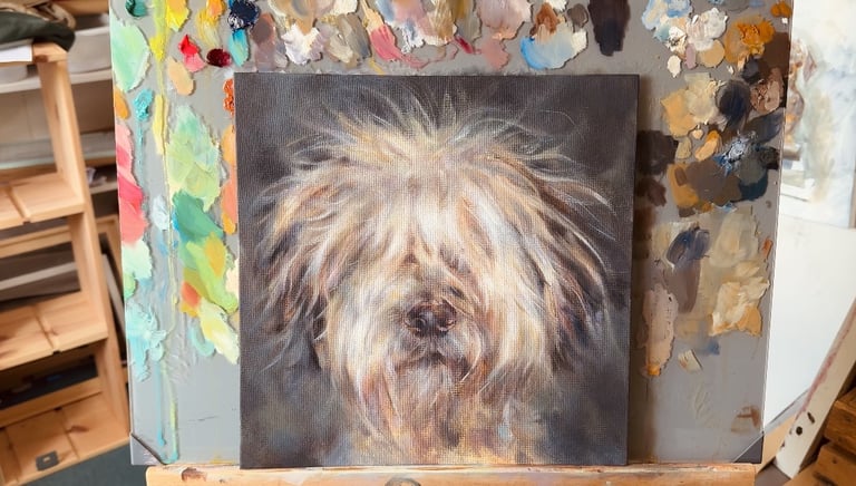 An original painting of an Old English Sheepdog by Alex Goddard