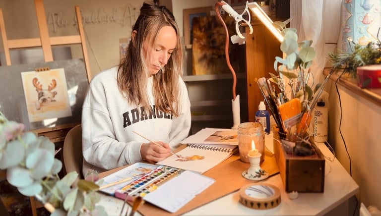 Alex Goddard working on a new painting in her home studio 