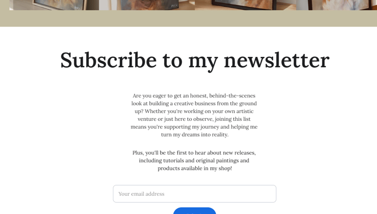 A screen shot showing a page on Alex's website where you can subscribe to her newsletter