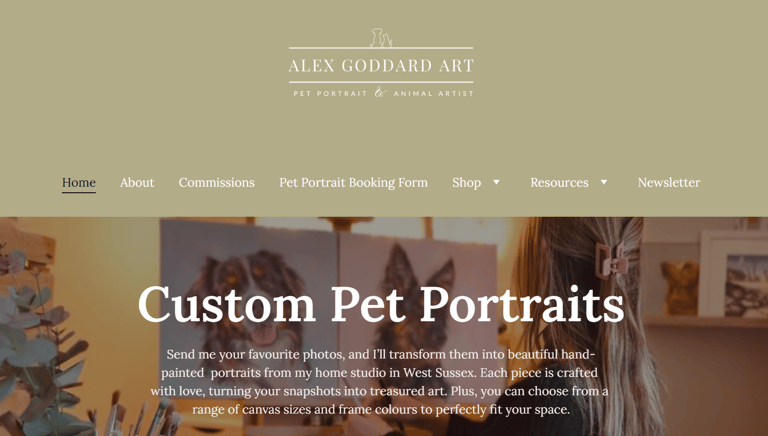 A screen shot showing Alex Goddard Art's website homepage and navigation.