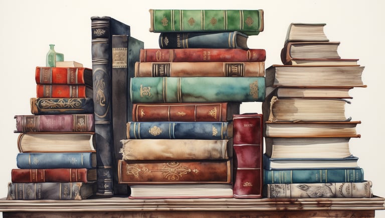 a painting of a stack of books on a table