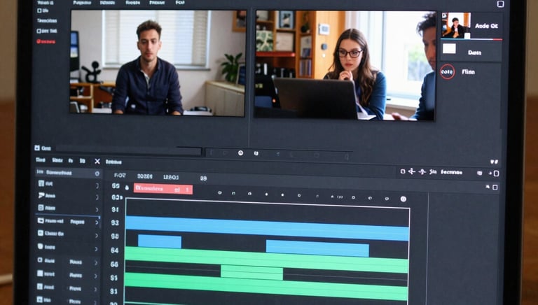 A video editor’s workspace with multiple screens showing editing software in action.