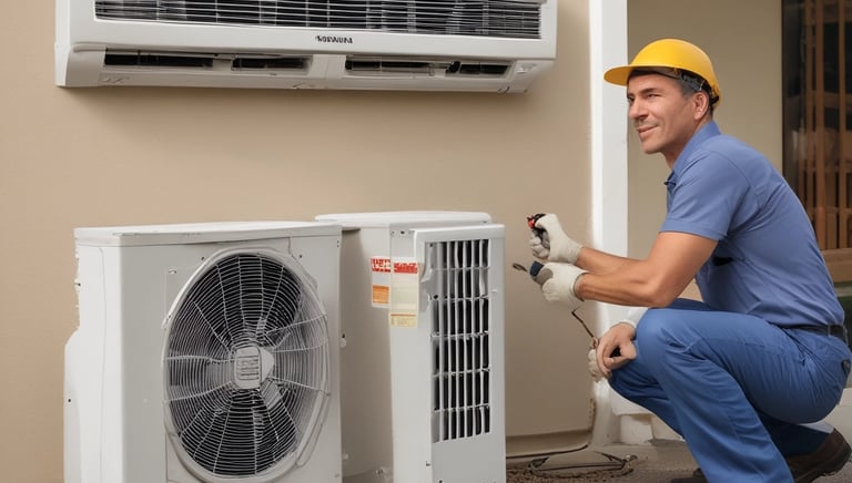 An outdoor air conditioning unit is mounted against a wall with a cracked and peeling surface. The unit displays a prominent TCL logo. Electrical cables are visible around the installation, with some pipes and barbed wire in the foreground, suggesting a secure or restricted area.