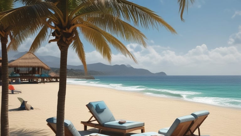 A scenic view of a tropical beach with clear blue waters and palm trees.