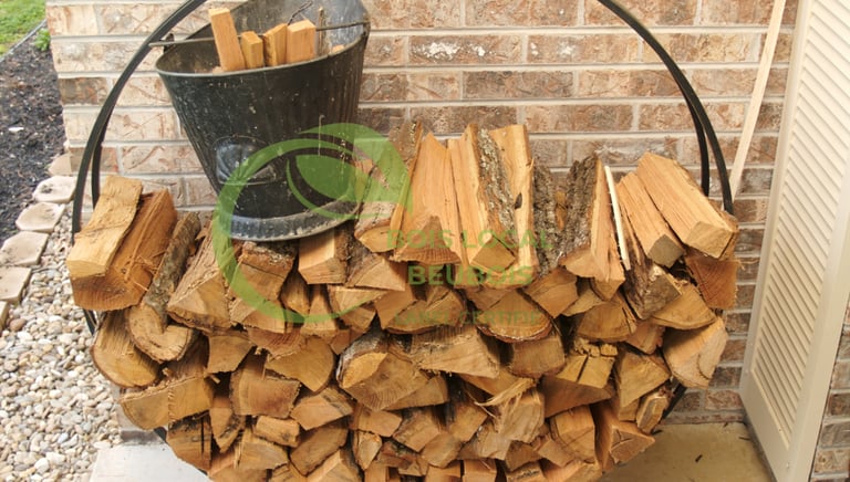 un seau avec du bois dedans posé sur un tas de bûches