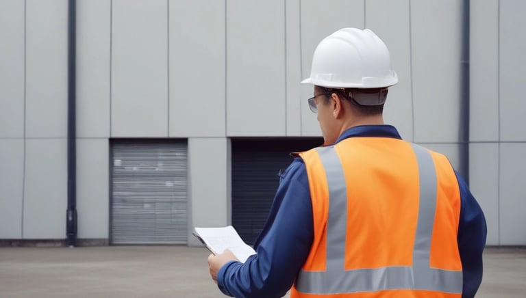 A professional conducting an underwriting survey at a commercial property.