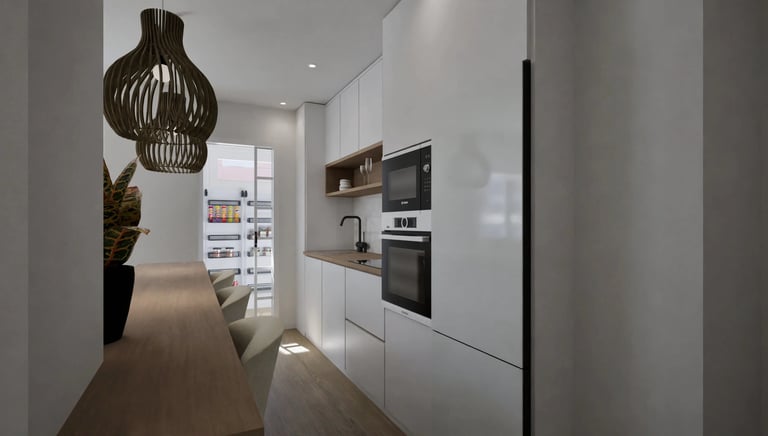 Render 3D de cocina en galería con barra de madera