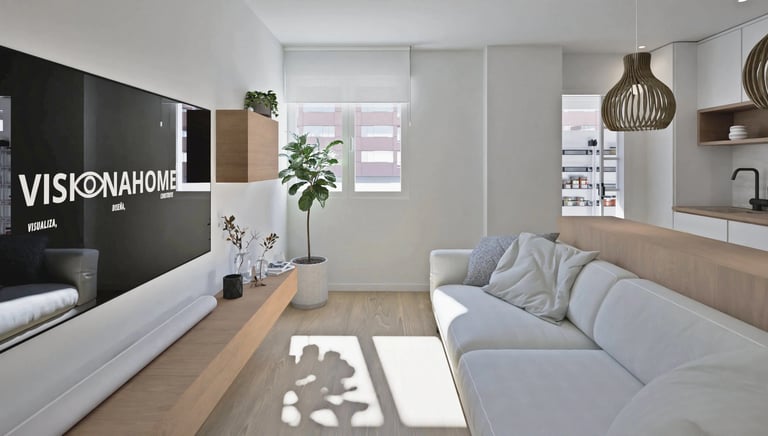 Render 3D de salón con cocina abierta y lámparas de mimbre