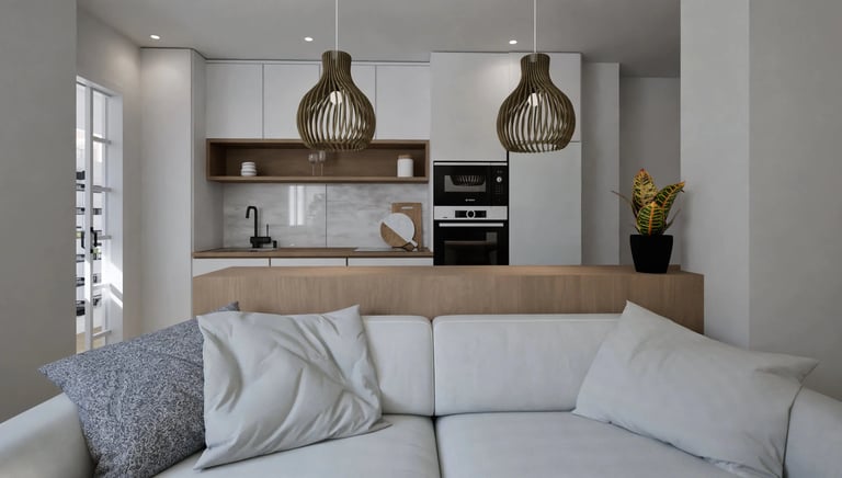 Render 3D de primer plano del sofá en salón cocina