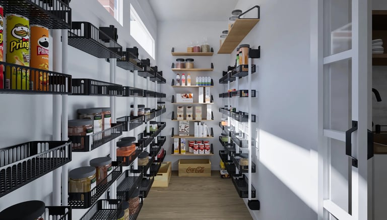 Render 3D de despensa organizada con estanterías y productos